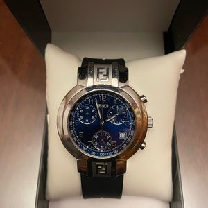 Fendi Orologi 4500G Zucca Chronograph Blue Dial Rubber SS 39mm Swiss Mens Watch